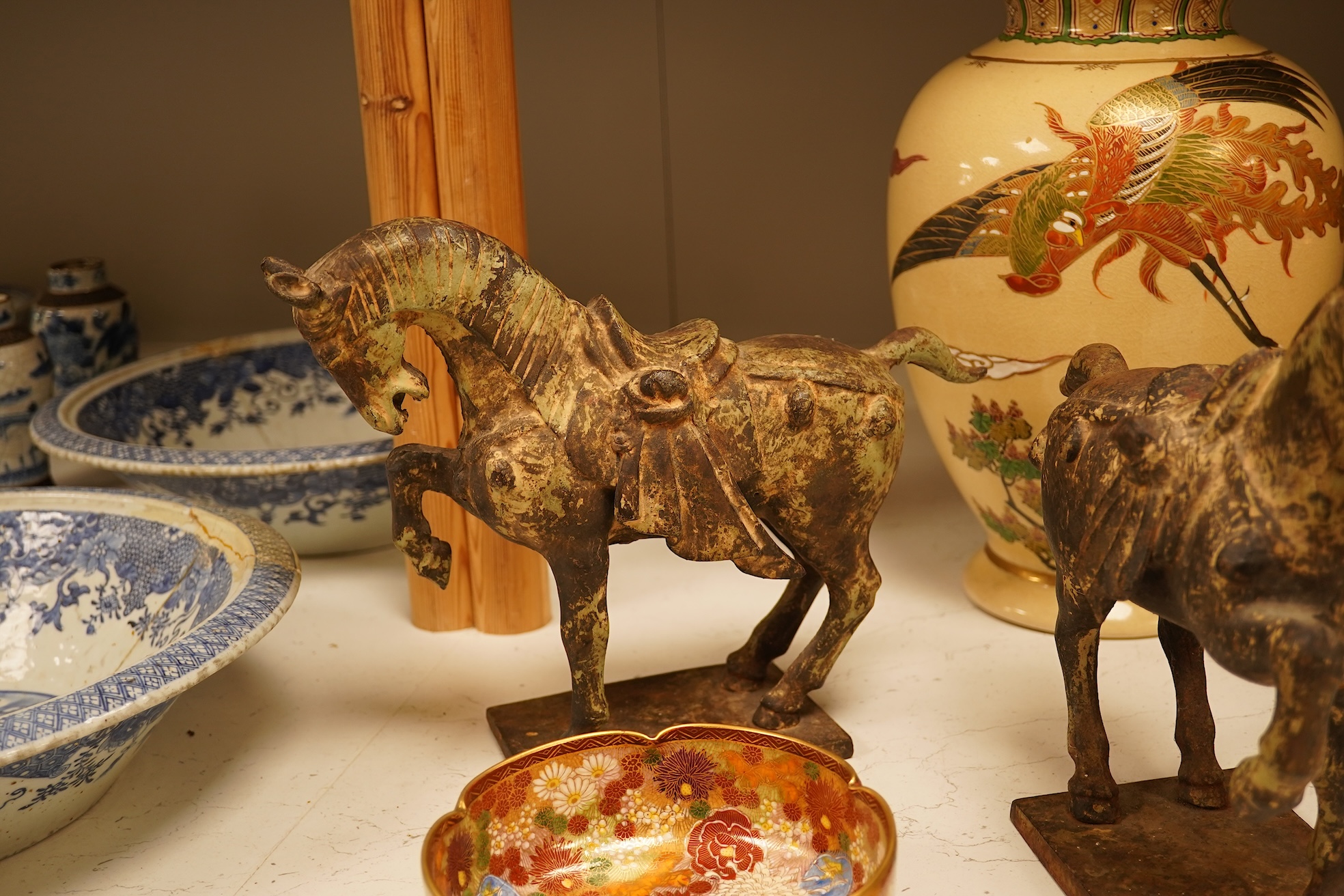 A pair of Chinese bronze horses, a Japanese Satsuma bowl and similar vase, vase 33cm high.